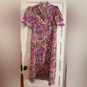 Hyacinth House Magenta Multi Floral Ruffle Collar Louisa Midi Dress Size MEDIUM